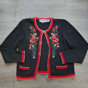 Vintage Eagle's Eye Cardigan Sweater Embroided Floral Size M Cottagecore Pockets